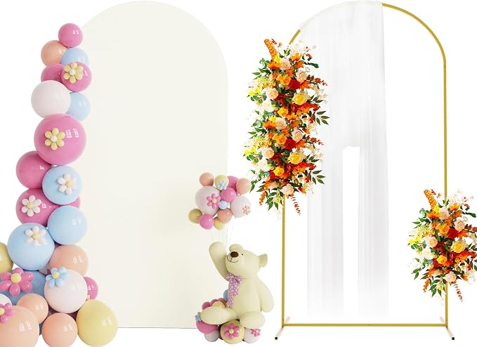 Putros Arch Backdrop Stand and Cover Set, 6.6ft, Gold Arch Stand with Ivory Cover, Metal Arched Background Frame for Wedding, Birthday Party, Baby Shower, Photography Decoration