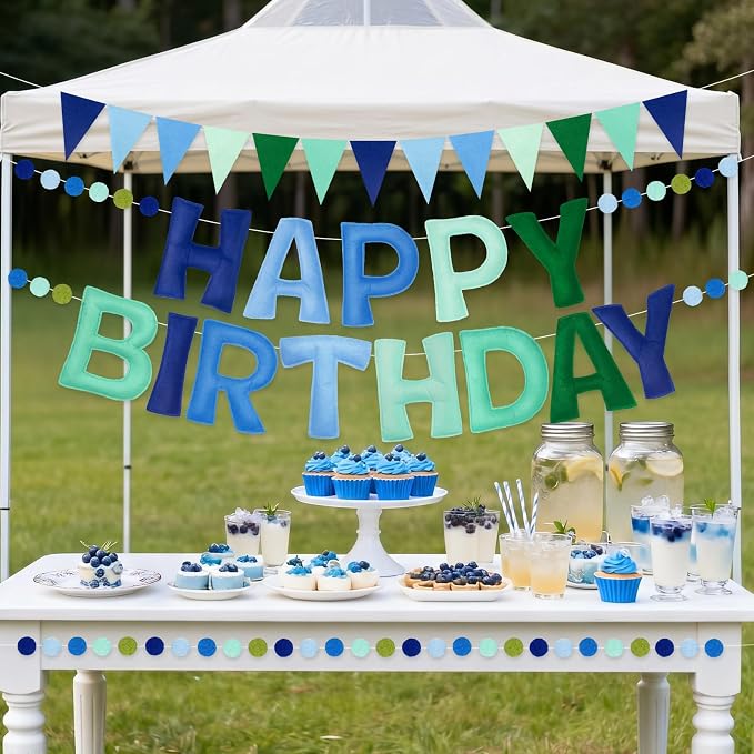 Pre-Strung Happy Birthday Banner - Blue Green Birthday Decorations, 3PCS Felt Birthday Day Sign,Ball Garland,Triangle Bunting,Reusable Colorful Banner for Party Decor Girls Boys Kids Women Men (Blue)