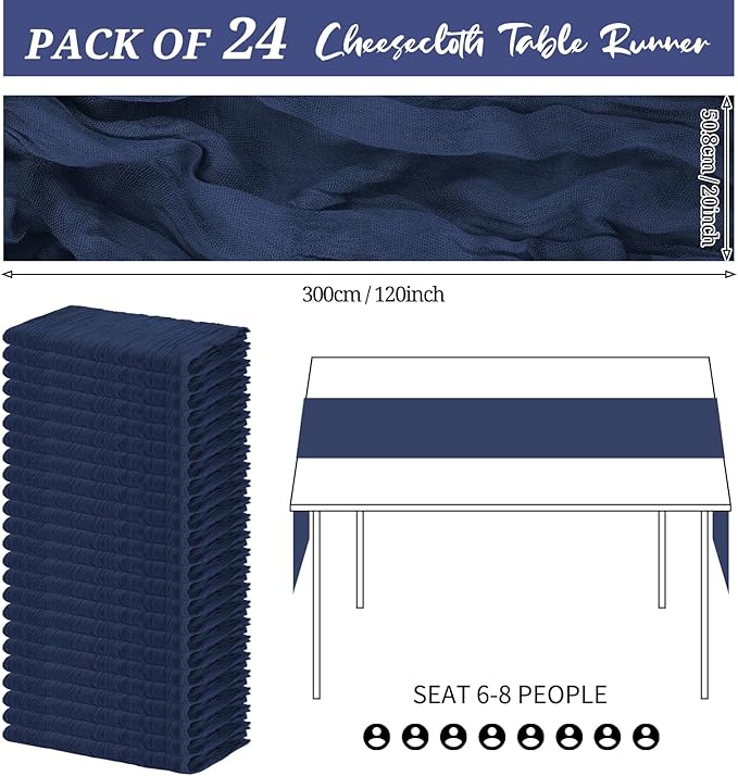 24 Pack Cheesecloth Table Runner 20 x 120 inch Cheese Cloth Table Runner Bulk,Romantic Boho Sheer Gauze Fabric Table Runners for Wedding Reception,Party,Bridal Shower Table Decor(Navy Blue)