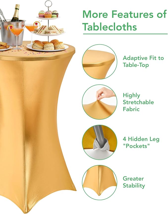 Cocktail High Top Table Covers - 32x43 Inch Fitted Spandex Round Cocktail Tablecloth for Bar Height Standing Table Cloths Reusable, for Party Wedding Banquet Event Decorations, Shiny Gold, 8 Pack