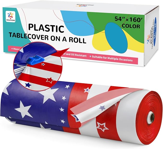 54IN X 160FT Patriotic Tablecloth for 4th of July Independence Day Decorations,Tablecloth Roll with Cutting Box,Memorial Day Decorations, Veterans Day Supplies