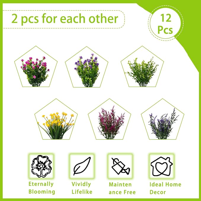 Artificial Flowers for Outdoors, UV Resistant Fake Plants for Spring Outside Window Box Hanging Planters Porch Realistic Plastic Faux Flower Bulk for Wedding Garden Decor(12,Purple,Red,Yellow)