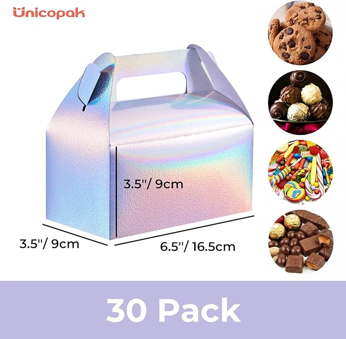 UnicoPak 30 Pack Iridescent Party Favor Bag Boxes, Goodie Favor Boxes for Treats Cookies Candies, Ideal for Theme Birthday Party, 6.5x3.5x3.5 Inches
