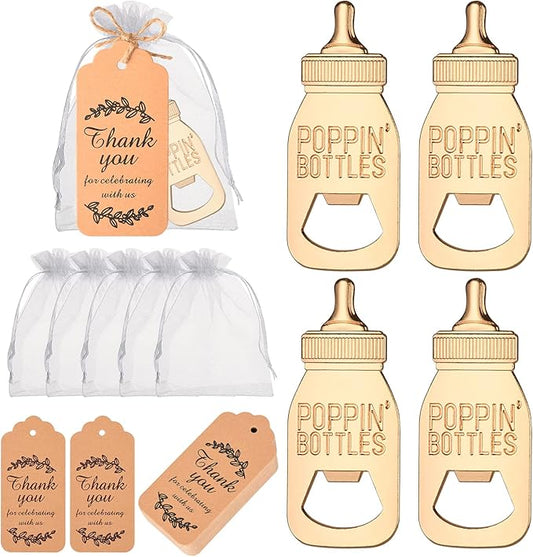50 Pieces Baby Bottle Openers, Poppin Bottle Design for Baby Shower Favors with Tank You Gift Tag Card in Bulk