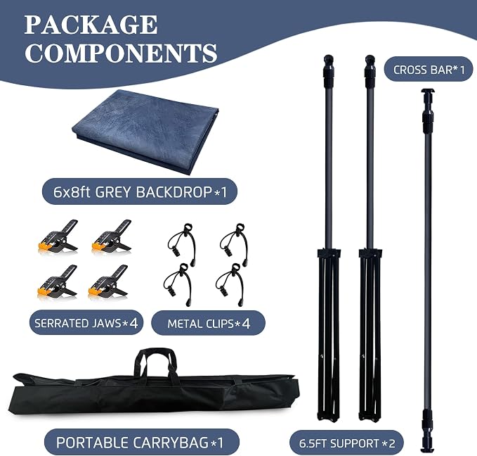 6.5x6.5 ft Photo Backdrop Stand with 6Wx8H ft Abstract Backdrop,Blue | 2-in-1 Portable, 6.5Wx6.5H ft Adjustable Stand, 6Wx8H ft Abstract photography background, 8 Clamps, Storage Bag Included