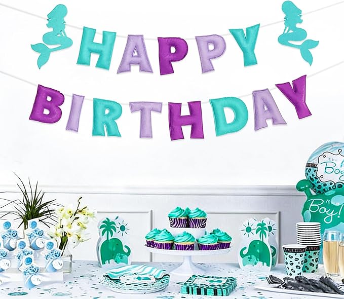 Pre-Strung Mermaid Happy Birthday Banner, Under The Sea Theme Party Decorations, HAPPY BIRTHDAY Garland with Exquisite Mermaid Design, Personalized Festival Sign for Baby Girls Party Decor, Photo Prop