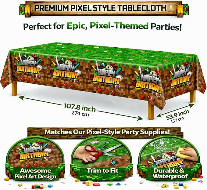 Pixel Game Birthday Party Decorations - Miner Supplies Set Gaming Theme - Including Backdrop Balloons Tablecloth Plates Toppers Napkins Favor Bags Stickers - Mining Bday Pack Craft Decor Kit
