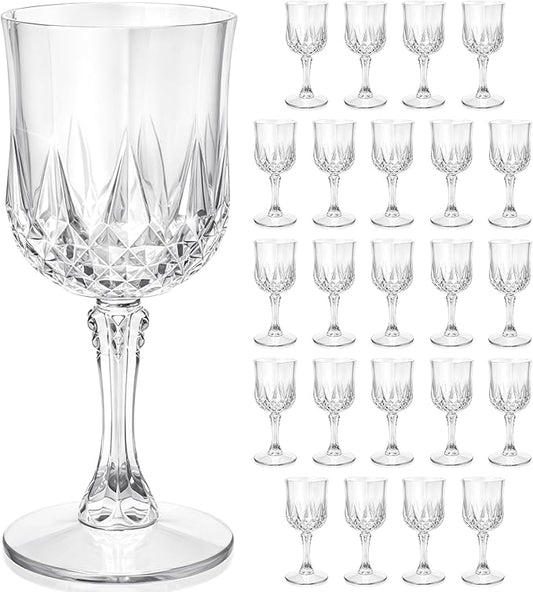 Plastic Wine Glasses, Disposable Plastic Goblets 7.1oz for Wedding Party Holiday, Unbreakable Wine Cups with Stem Vintage for Champagne Juice Cocktail (24pcs Transparent)