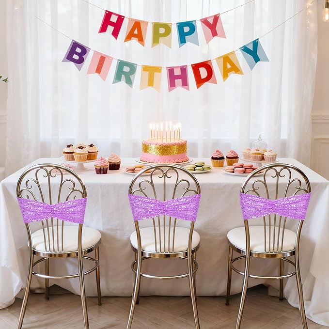 SquarePie 50 Pcs Sequin Chair Sashes Lavender Sequin Sashes Bands Decorative Ties for Wedding Party Festive Chair Cover Decor