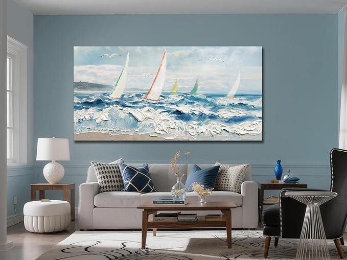 Enartly Wave 3D Textured Ocean Wall Art for Living Room Blue Seascape Sailboat Canvas Coastal Painting Artwork for Bedroom Bathroom Home Office Wall Decor, Large 48"x24"