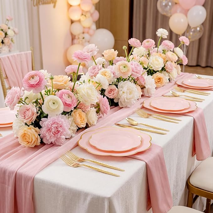 LIYH 150 Pcs Pink Dinnerware Set Pink Plastic Plates and Gold Silverware Set Gold Flower Edge Design Flower Plates Suitable for Wedding Birthday Bridal Shower(30 Guests)