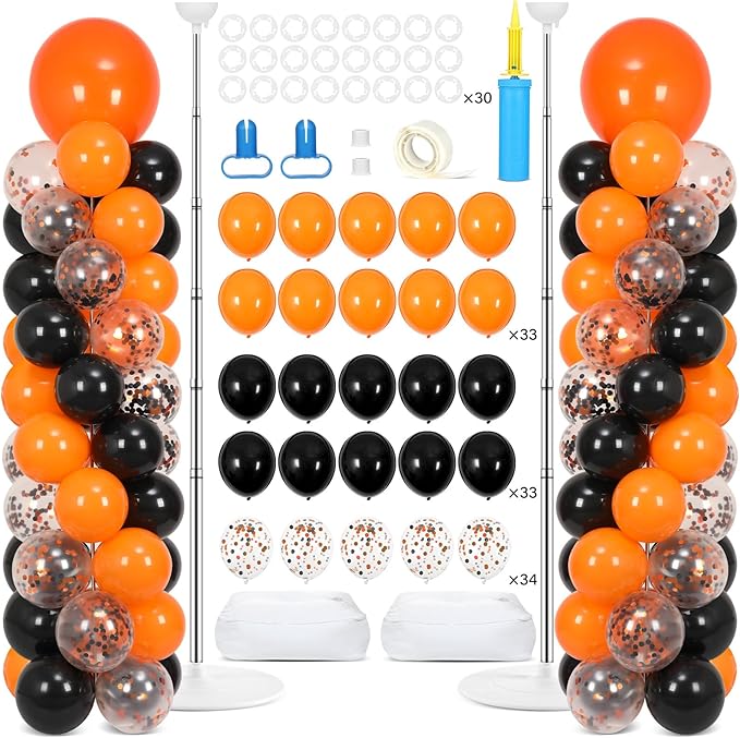 2 Sets Orange and Black Balloon Column Stand Kit with 100 Balloons Adjustable Balloon Tower Stand with Bases for Floor Black Orange Confetti Balloon Column Kit for Valentine Birthday Party Decor