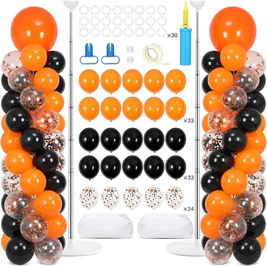 2 Sets Orange and Black Balloon Column Stand Kit with 100 Balloons Adjustable Balloon Tower Stand with Bases for Floor Black Orange Confetti Balloon Column Kit for Valentine Birthday Party Decor