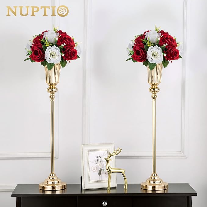 NUPTIO Artificial Flower Centrepieces for Tables - 10 Pcs Crimson & White Fake Flowers Roses Balls 9.5in Diameter - Silk Faux Rose Arrangement for Wedding Party Centerpiece Table Decorations | Crimson & White, Silk Floral Balls Arrangement, for Birthda...
