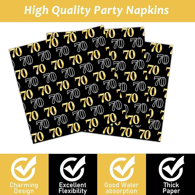 200PCS 70th Theme Birthday Party Tableware Vintage 1956 Party Supplies 70 year old Birthday Party Decorations Plates Napkins Forks Black and Gold Dinnerware Favors for Men or Women
