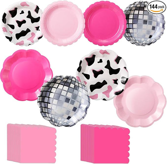 144 Pcs 48 Guests Cowgirl Party Plates and Napkins Sets Western Paper Plates and Napkins Pink Disco Disposable Tableware for Rodeo Birthday Bachelorette Western Wedding Tea Party Supplies