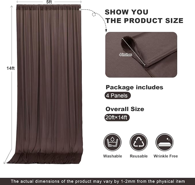 20x14ft Brown Backdrop Curtains for Wedding Party, 4 Panels 14 ft Long Back Drop Cloth, Wrinkle-Free Polyester Drapes for Birthday, Baby Shower, Stage Photography Background
