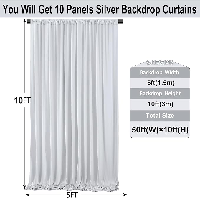 50ft×10ft Silver Wrinkle Free Backdrop Curtains for Parties, 10 Panels 5×10ft Soft Silky Polyester Light Gray Photo Backdrop Drapes for Wedding Birthday Baby Shower Party Photography Decor