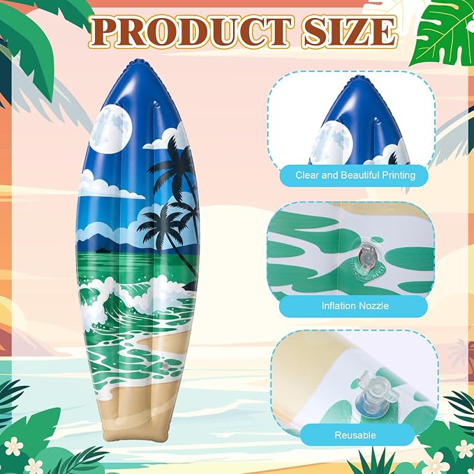 JellyArch 4 Pcs Summer Inflatable Surf Board 36 Inch Inflatable Luau Hawaiian Pool Party Decorations Beach Sunset Blow up Palm Tree Tropical Surfboard for Wall Beach Party Birthday Decoration