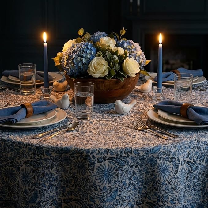 ATOSII Cotton Tablecloth 72" Inches Round Butterfly Blue
