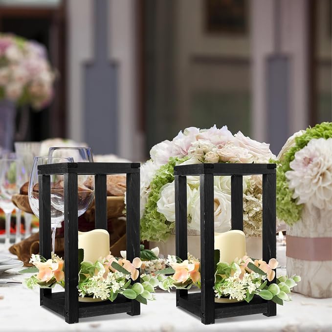 Hushee 60 Pcs Wooden Wedding Lantern Centerpiece Integrated Holders with Candles and Wreaths Rustic Wooden Candle Lantern Decor for Wedding Party Table Valentine Decor (Black)