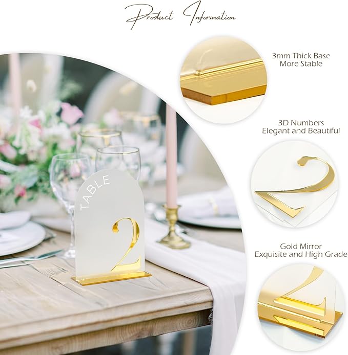 Frosted Arch Wedding Table Numbers 1-10 with Stand,10 Pack 5x7 Inch Frosted Acrylic Signs with Gold Number, Arched Acrylic Table Numbers for Wedding Reception
