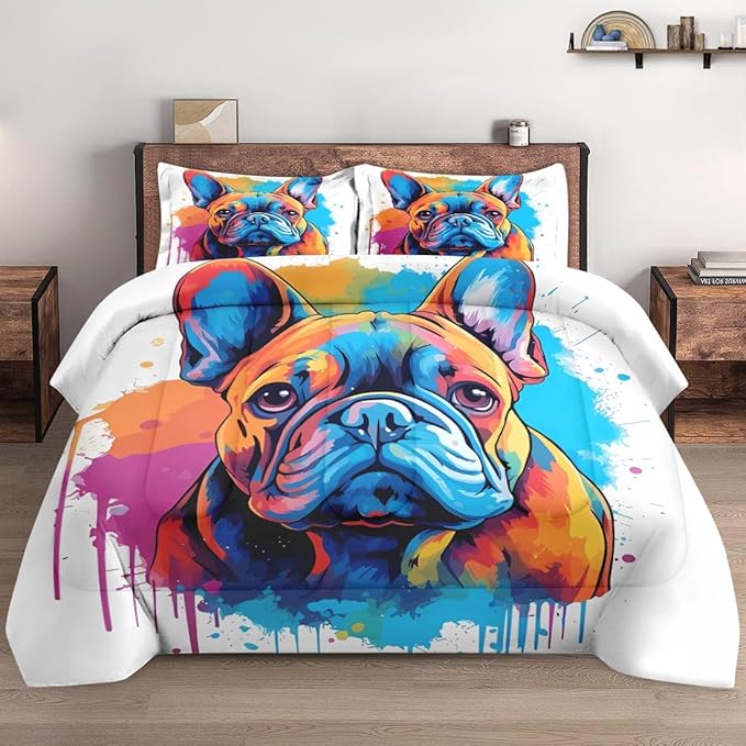Pamnest Comforter Set Twin Size, Cute Dog Vintage Soft 2 Pcs Bedding for Kids and Adults, French Bulldog Colorful Comforter Set with Pillowcase, for Bedroom Bed Decor