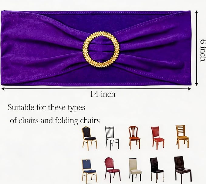 Pack of 50 Spandex Purple Chair Sashes with Gold Buckles, Stretch Chairs Sashes for Wedding Party Baby Shower Ceremony Event Decorations Chair Bands Bows (Purple Sashes, Gold Buckles)