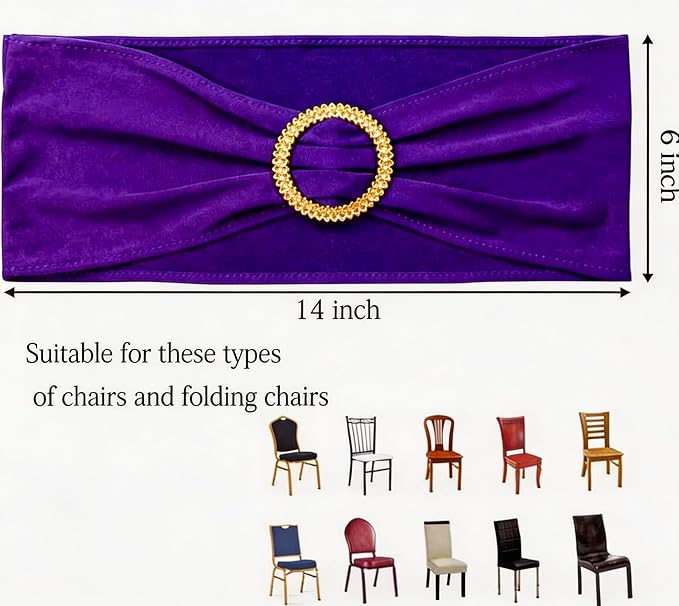 Pack of 50 Spandex Purple Chair Sashes with Gold Buckles, Stretch Chairs Sashes for Wedding Party Baby Shower Ceremony Event Decorations Chair Bands Bows (Purple Sashes, Gold Buckles)