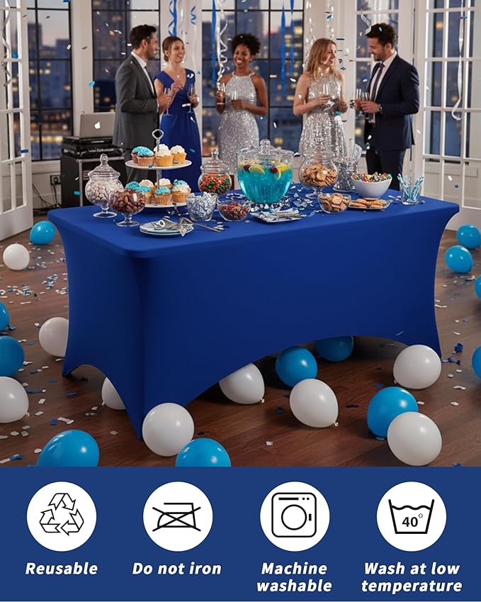 Fixwal Royal Blue Stretch Table Cloth Rectangle 2 Pack 6Ft, Spandex Fitted Table Covers Washable for Party, Trade Show, Banquet, Wedding, Buffet