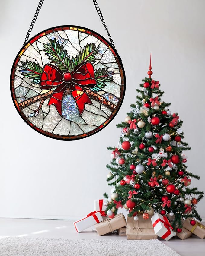 DASTOLL Stained Glass Window Hanging - Pine Branches Red Bow Suncatcher for Doors Home Christmas Decoration Silver Sun Catcher Thanksgiving New Year Birthday Gifts for Women Men Mom Nana 15 in