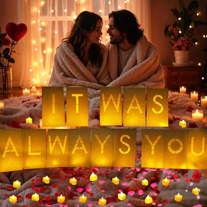 Valentines Day Decorations - It was Always You Light Up Letters Luminary Bags, Romantic Decorations Special Night with Bright LED Candles and Fake Rose Petals, Engagement Party & Proposal Decor kit