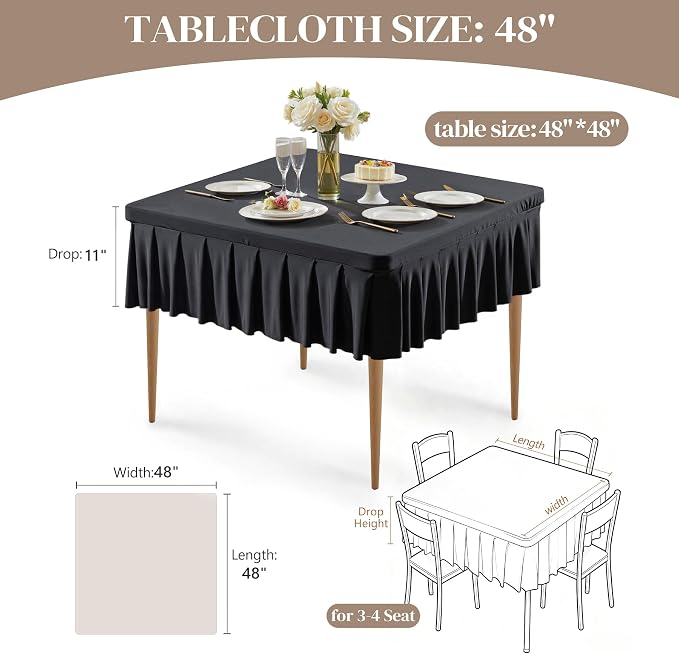 Wish Care Black Spandex Tablecloths for 48x48 Inch Square Tables, Stretch Fitted Table Clothes with Pleated Ruffle Skirt for 48” Table, Wrinkle Free and Elastic, for Party Kitchen Home Dining
