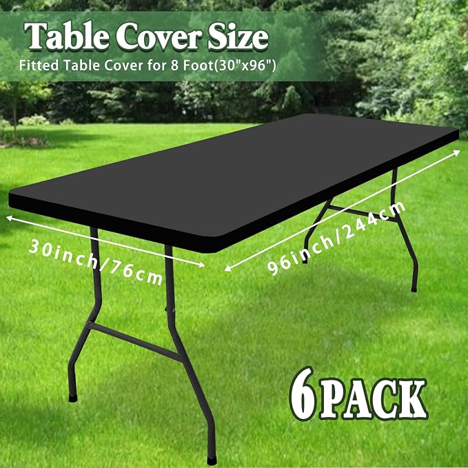 6 Pack Picnic Table Cover Elastic Fitted Tablecloths for 8 Foot Rectangle Tables Waterproof Stretch Washable Patio Folding Outdoor Spandex Table Cloth for Camping Banquet and Parties (Grey,30" x 96")