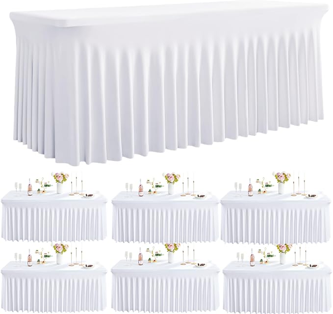 Outpain White Spandex Table Clothes for 8 Foot Rectangle Tables-6Pack 8FT Spandex Fitted Table Cover, Wrinkle Free Tablecloths with Skirt for Parties, Wedding, Birthday, Banquet, Festival
