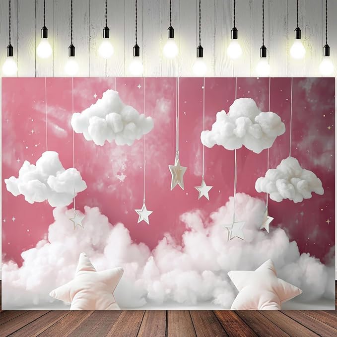 15x10ft Cloud Backdrop Sky Starry Star White Pink Photography Background Baby Shower Banner for Girl Baby Birthday Party Decoration Newborn Photoshoot Prop Cake Smash Photo Booth Prop