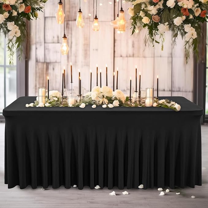 2 Pack Black Fitted Spandex Table Cloth Rectangle 8ft, Wrinkle Free High-Stretch Skirted Tablecloths for 8 Foot Rectangle Tables, Decor Parties Weddings Birthday Banquet Spandex Table Cloths Cover