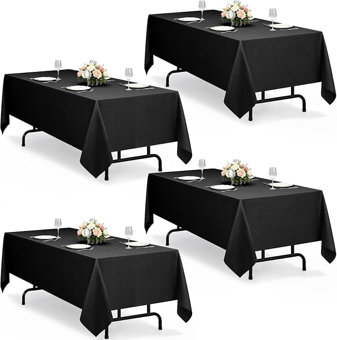 Decorelia Waterproof Black Table Cloths for Rectangle 6 Ft Table-4 Pack, Washable Polyester Rustic Faux Linen Reusable Table Cloth Cover for Wedding,Outdoor,Events, Party,Banquet, Dining, 60x102 Inch