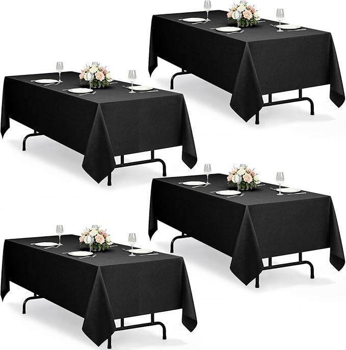Decorelia Waterproof Black Table Cloths for Rectangle 8 Ft Table-4 Pack, Washable Polyester Rustic Faux Linen Reusable Table Cloth Cover for Wedding,Outdoor,Events, Party,Banquet, Dining, 60x120 Inch