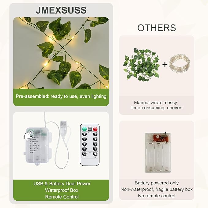 JMEXSUSS 33 FT 100 LED Vines with Lights USB/Battery Operated, Pothos Vines with Fairy Lights with Remote, Fake Leaf Lights for Bedroom Classroom Wall Dorm Wedding Decor (Warm White)