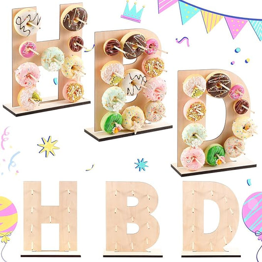 Colingmill Hbd Letter Donut Stand Wooden Donut Wall Display Reusable Bagel Stand Holder Board for Wedding Birthday Party Baby Shower Anniversary Valentine Festival Dessert Table Decoration