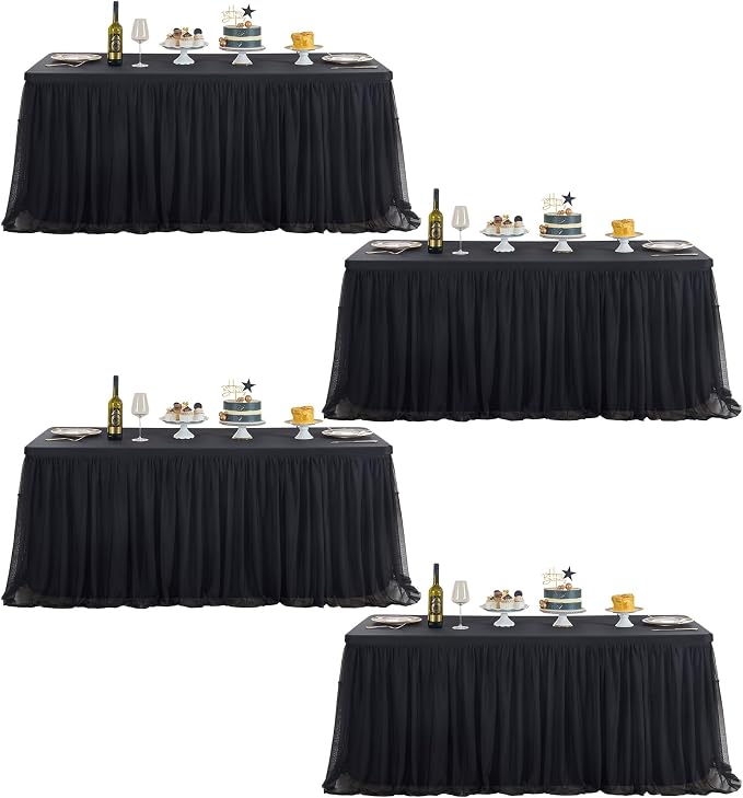 familus Black Table Cloths 8 Foot Rectangle 4 Pack Stretch Ruffle Tulle Tablecloth Spandex Fitted Table Cover for 8 Foot Tulle Table Skirts for Party Wedding Table Cloths, Banquets