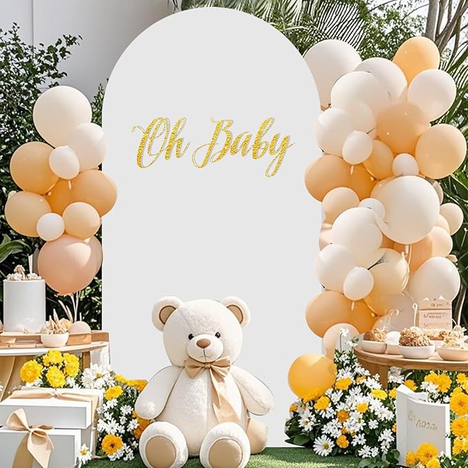6FT Arch Backdrop Stand and Cover Set, Metal Arch Stand & Cover Set with Ground Nails White Spandex Fitted Arch Covers Stretchy Backdrop with Zipper for Wedding Birthday Party Baby Shower Banquet
