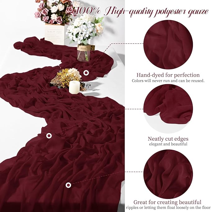 Teruntrue 24 Packs Burgundy Cheesecloth Table Runner,10ft Wine Red Rustic Gauze Boho Wedding Table Runner Decoration, Wedding Table Decor Sheer Table Runner for Wedding Party Bridal Shower Table