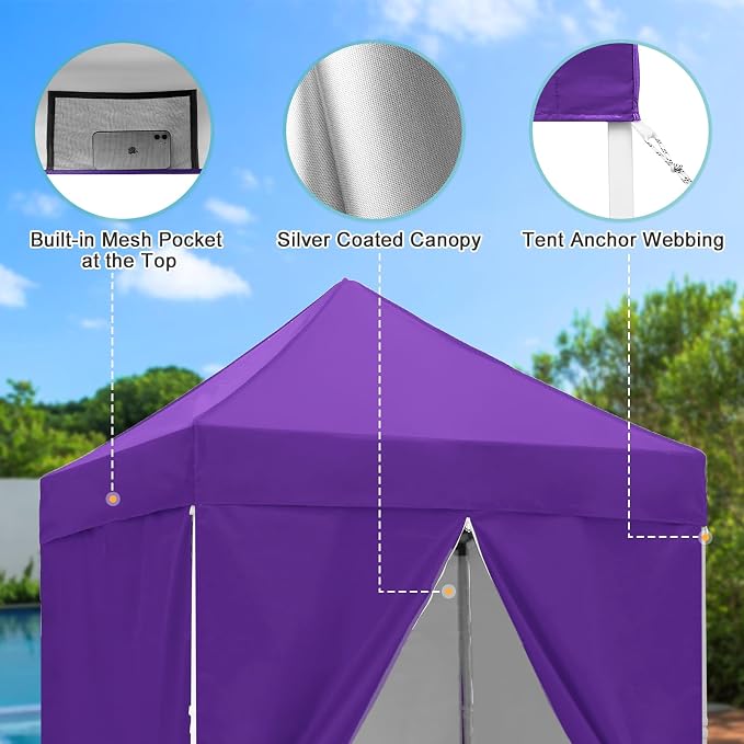 5x5 Pop Up Canopy Tent with Four Sidewalls, Instant Portable Beach Canopy, Outdoor Tent with Carry Bag for Camping, Sports, Tailgating, Events, Purple