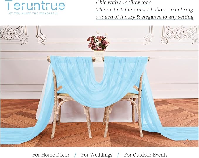 Teruntrue 24 Packs Light Blue Cheesecloth Table Runner,10ft Rustic Gauze Boho Wedding Table Runner Decoration, Wedding Table Decor Sheer Table Runner for Wedding Party Bridal Shower Table