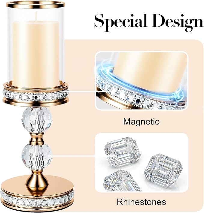 10" / 12.4" / 14.7" Tall Hurricane Candle Holder, Pillar Candle Holders with Glass Sleeve with Gift Box, Crystal Candle Stands for Home Warming, Weddiing, Table Centerpiece (3, Gold, S+M+L)