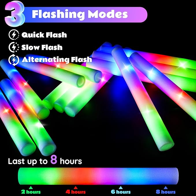SHQDD 60PCS Foam Glow Sticks Bulk, Light up in the Dark Party Supplies with 3 Colorful Flashing Modes, Glow Party Pack for Wedding, Birthday, Concert, New Year, Halloween, Christmas,Carnival