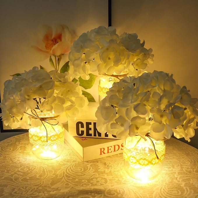 Mason Jar Table Centerpiece Set of 6 With White Hydrangea artificial Flowers for Engagement Party Bridal Shower Centerpieces Wedding Christmas Thanksgiving Party Reception Table Decor