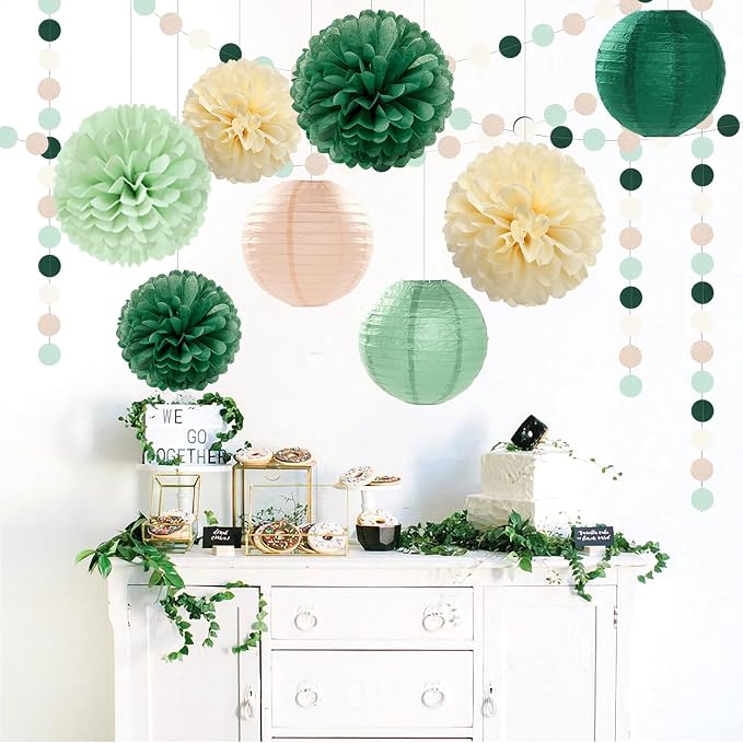 Sage-Olive Green Party-Decorations Paper-Flowers Lanterns - 15PCS Safari Boho Birthday Rustic Tissue Pom Poms Streamers, Baby Shower Neutral Garden Wedding Graduation Hanging Supplies Decor Hugfond